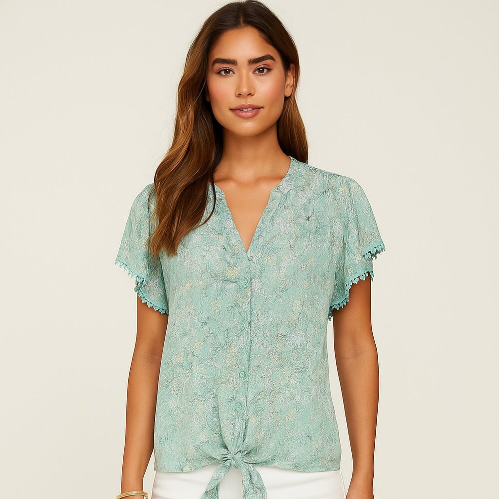 Harve Benard mint green floral Blouse button front bottom tie Size L.